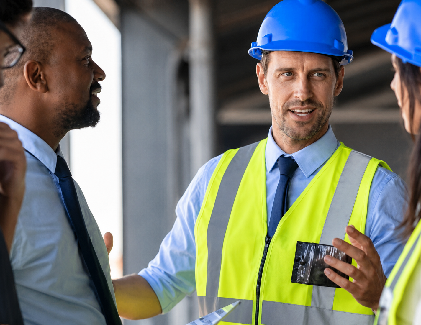 Construction site engineers in discussion