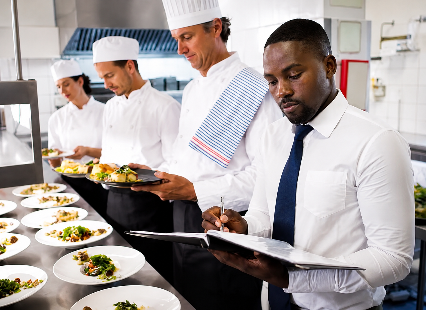Restaurant floor manager with kitchen brigade
